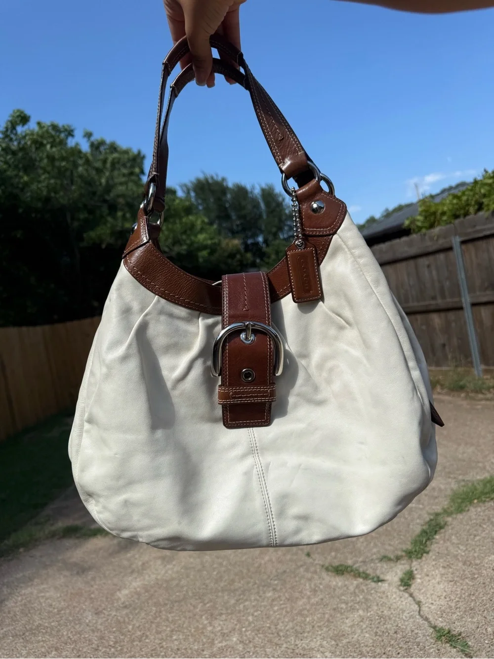 Coach SoHo White Leather Hobo Bag with Brown Trim